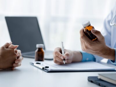 Physician looking at prescription bottle while writing