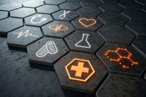 Medical symbols on hexagon background