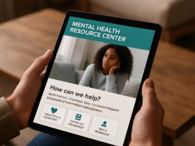 Hands holding tablet displaying young woman