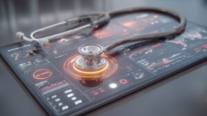 A modern healthcare analytics dashboard featuring a stethoscope
