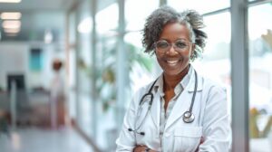 Elderly Afro-American female doctor in white professional clothes