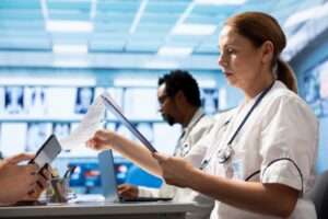 Doctors meet to discuss healthcare records and x ray scans results at a treatment center. Licensed medics focus on medical tests for disease prevention, demonstrating teamwork and expertise.